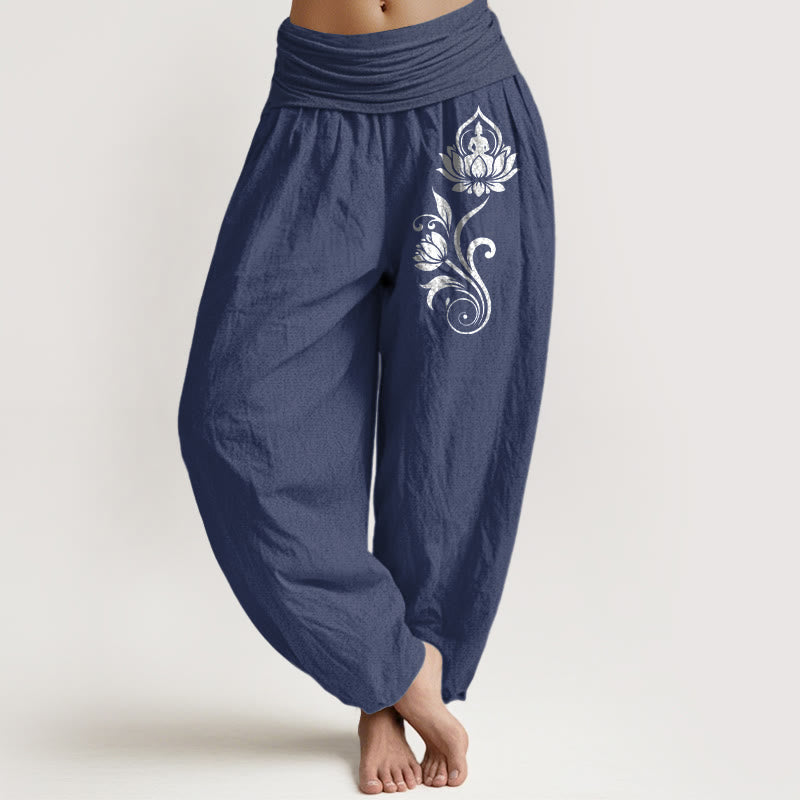 Buddha Stones Pantaloni harem da donna in puro cotone con elastico in vita e motivo floreale di Buddha seduto e loto - DarkSlateBlue - US16, UK/AU20, EU48 (3XL) - image 0