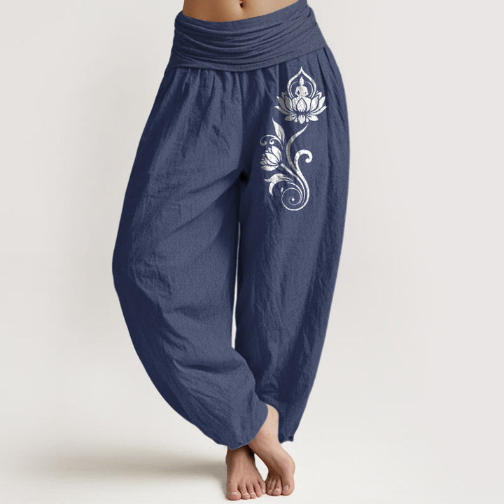 Buddha Stones Pantaloni harem da donna in puro cotone con elastico in vita e motivo floreale di Buddha seduto e loto - DarkSlateBlue - US16, UK/AU20, EU48 (3XL) - image 0