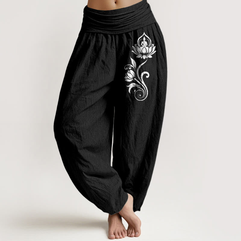 Buddha Stones Pantaloni harem da donna in puro cotone con elastico in vita e motivo floreale di Buddha seduto e loto - Nero - US16, UK/AU20, EU48 (3XL) - image 5