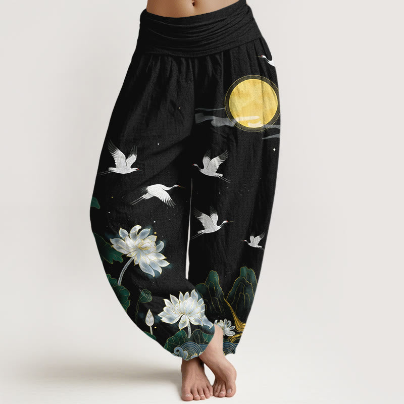 Buddha Stones Pantaloni harem da donna in puro cotone con elastico in vita, motivo: gru, loto in fiore, luna e montagna - Nero - US16, UK/AU20, EU48 (3XL) - image 0
