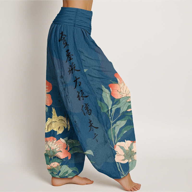 Buddha Stones Pantaloni harem da donna in puro cotone con calligrafia di uccelli e peonie - image 2