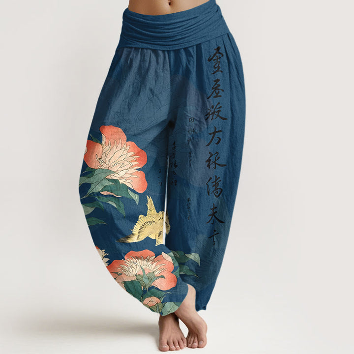 Buddha Stones Pantaloni harem da donna in puro cotone con calligrafia di uccelli e peonie - SteelBlue - US16, UK/AU20, EU48 (3XL) - image 0