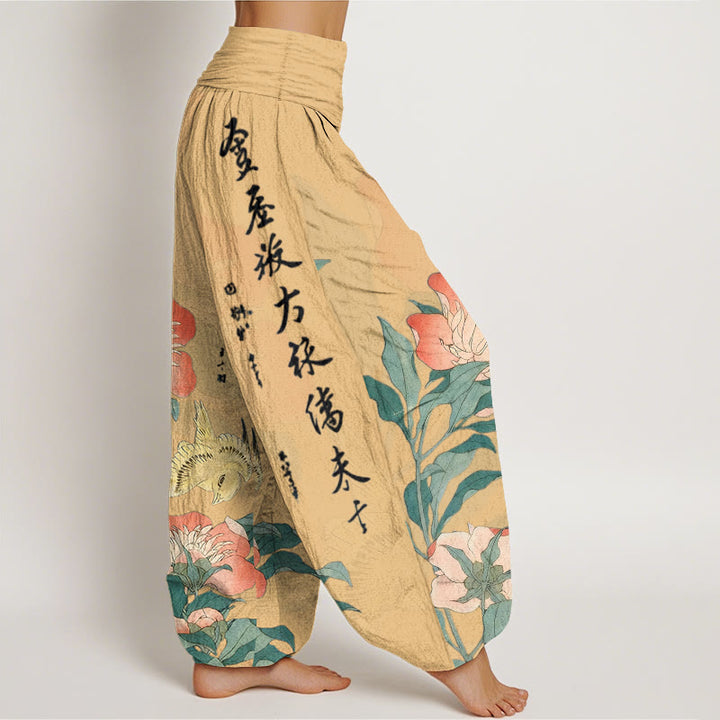 Buddha Stones Pantaloni harem da donna in puro cotone con calligrafia di uccelli e peonie - image 7