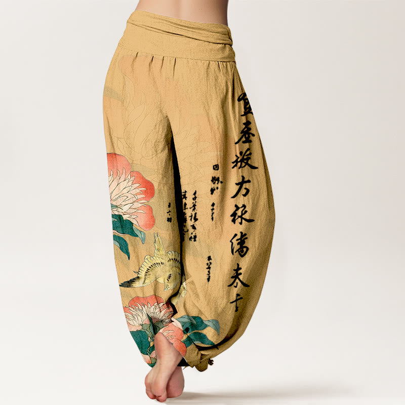 Buddha Stones Pantaloni harem da donna in puro cotone con calligrafia di uccelli e peonie - image 6