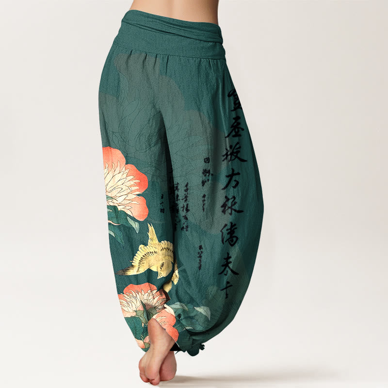 Buddha Stones Pantaloni harem da donna in puro cotone con calligrafia di uccelli e peonie - image 9