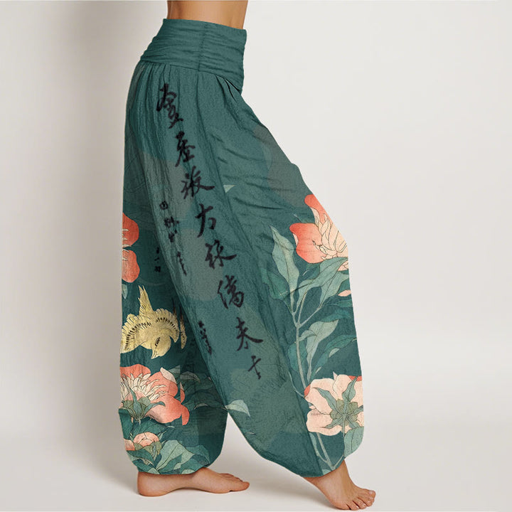 Buddha Stones Pantaloni harem da donna in puro cotone con calligrafia di uccelli e peonie - image 10