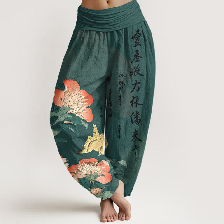 Buddha Stones Pantaloni harem da donna in puro cotone con calligrafia di uccelli e peonie - Grigio ardesia scuro - US16, UK/AU20, EU48 (3XL) - image 8