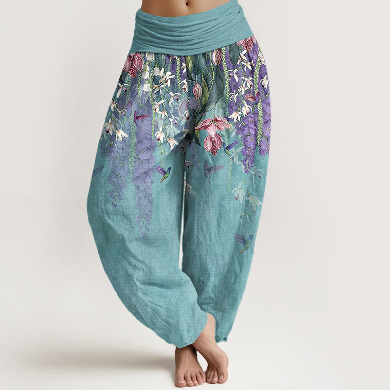 Buddha Stones Pantaloni harem da donna in puro cotone con motivo a uccelli e orchidee, con elastico in vita - Turchese medio - US16, UK/AU20, EU48 (3XL) - image 0