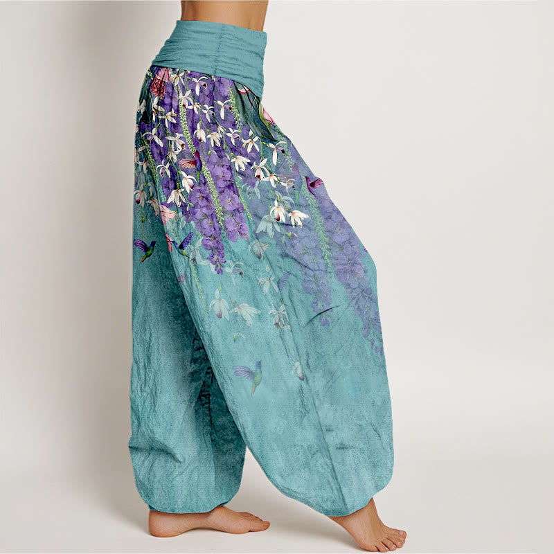 Buddha Stones Pantaloni harem da donna in puro cotone con motivo a uccelli e orchidee, con elastico in vita - image 2