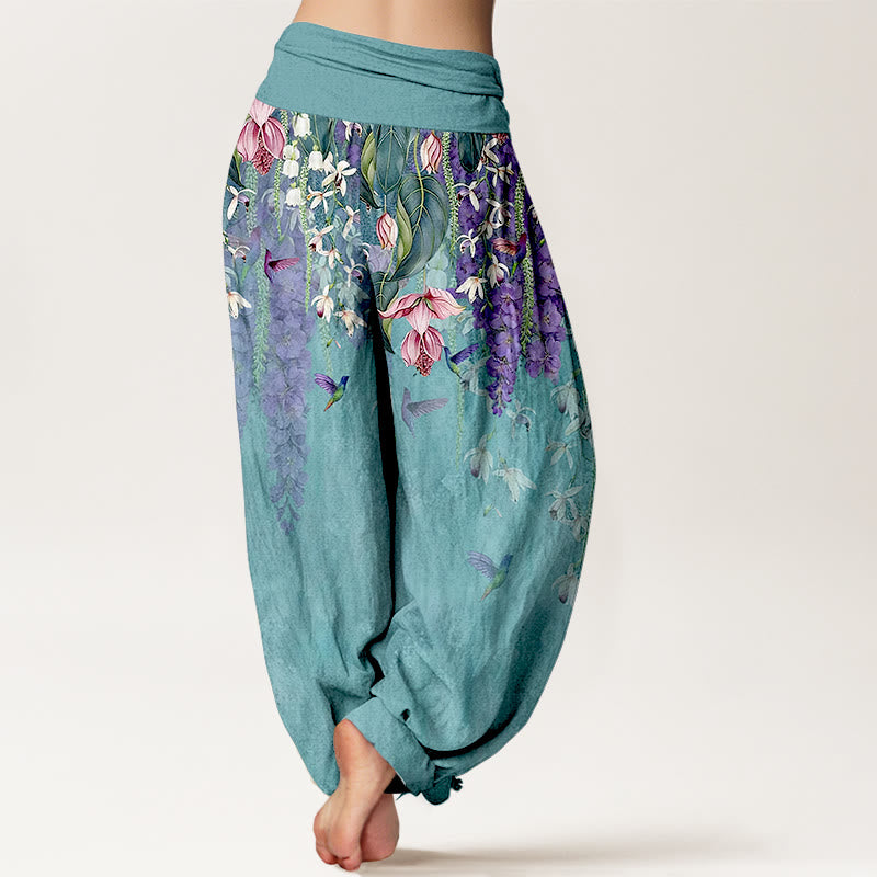 Buddha Stones Pantaloni harem da donna in puro cotone con motivo a uccelli e orchidee, con elastico in vita - image 1