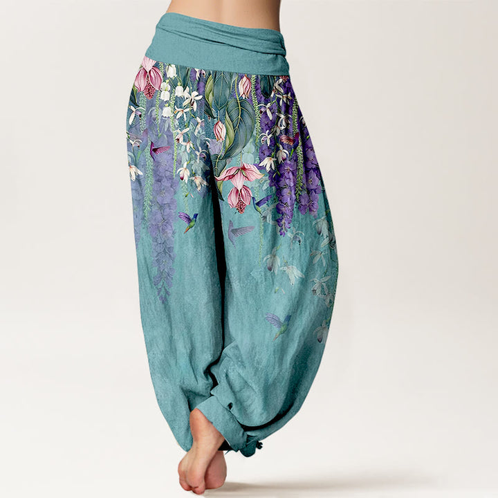 Buddha Stones Pantaloni harem da donna in puro cotone con motivo a uccelli e orchidee, con elastico in vita - image 1