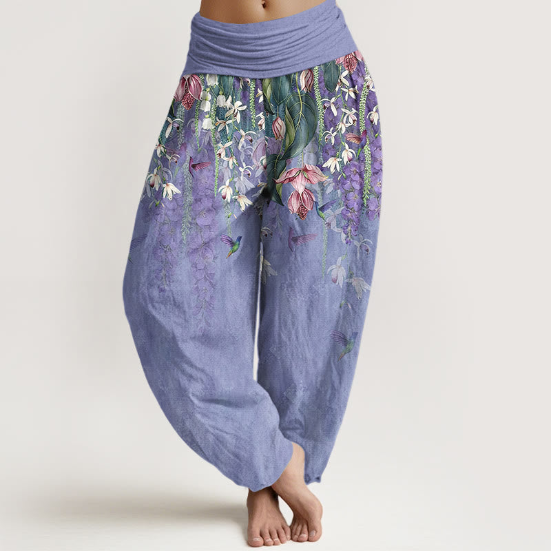 Buddha Stones Pantaloni harem da donna in puro cotone con motivo a uccelli e orchidee, con elastico in vita - Viola medio - US16, UK/AU20, EU48 (3XL) - image 5