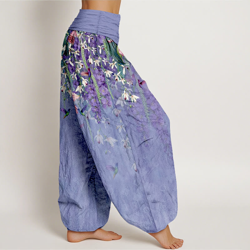 Buddha Stones Pantaloni harem da donna in puro cotone con motivo a uccelli e orchidee, con elastico in vita - image 7