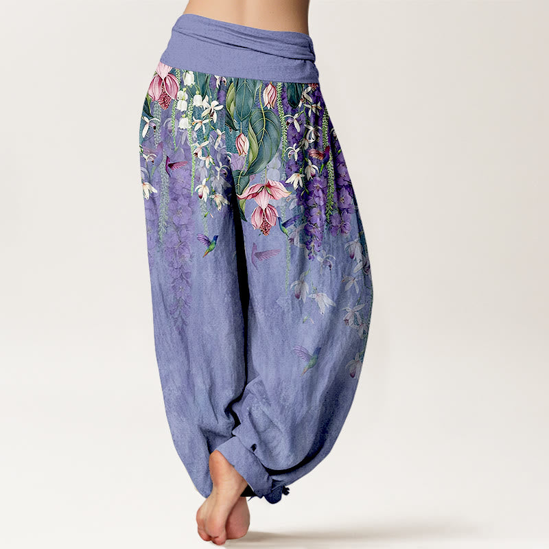 Buddha Stones Pantaloni harem da donna in puro cotone con motivo a uccelli e orchidee, con elastico in vita - image 6