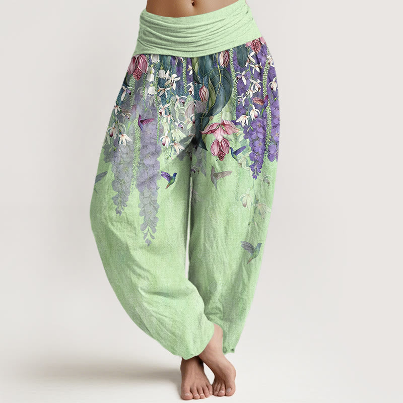 Buddha Stones Pantaloni harem da donna in puro cotone con motivo a uccelli e orchidee, con elastico in vita - Melata - US16, UK/AU20, EU48 (3XL) - image 8