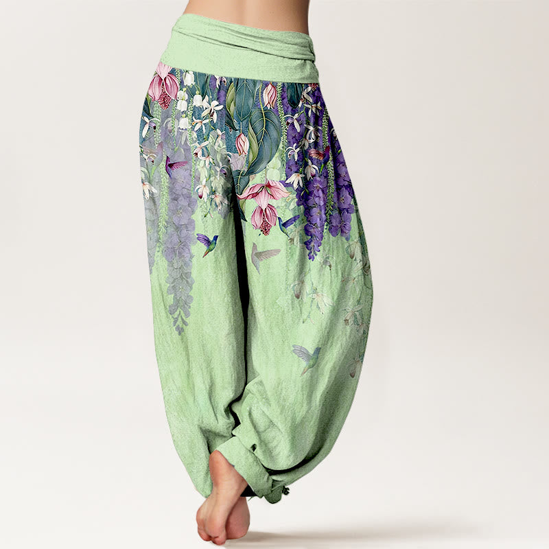 Buddha Stones Pantaloni harem da donna in puro cotone con motivo a uccelli e orchidee, con elastico in vita - image 9