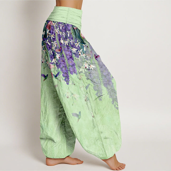 Buddha Stones Pantaloni harem da donna in puro cotone con motivo a uccelli e orchidee, con elastico in vita - image 10