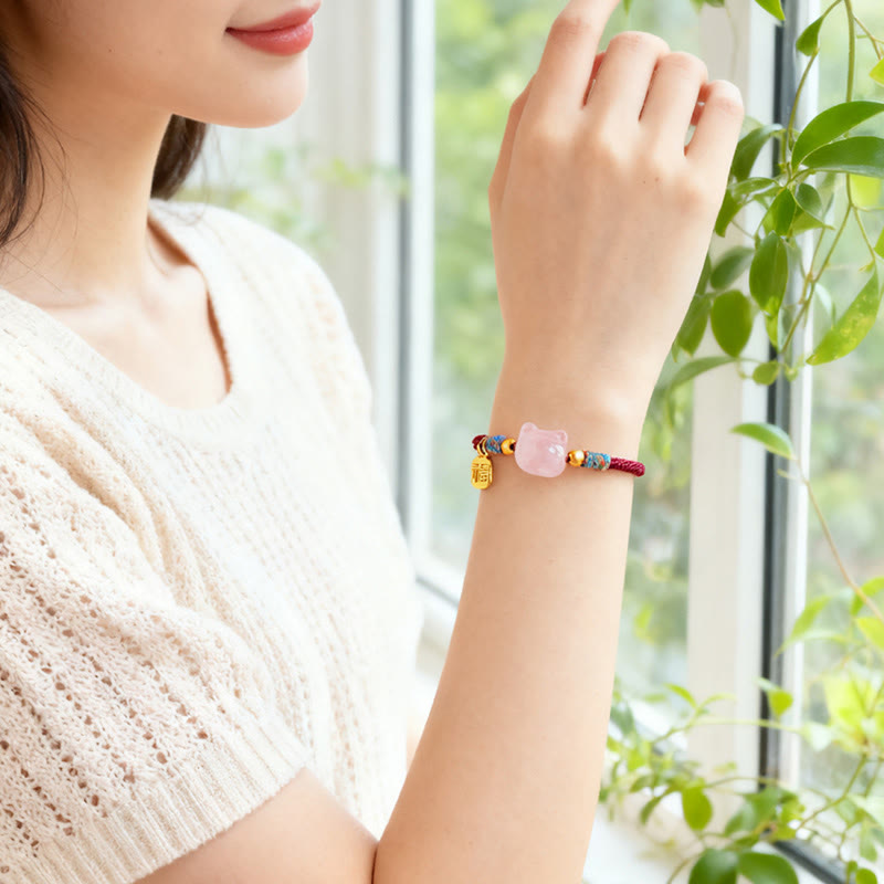 Buddha Stones Braccialetto di protezione con cordino di cristallo rosa ossidiana e carattere Cat Fu - image 11