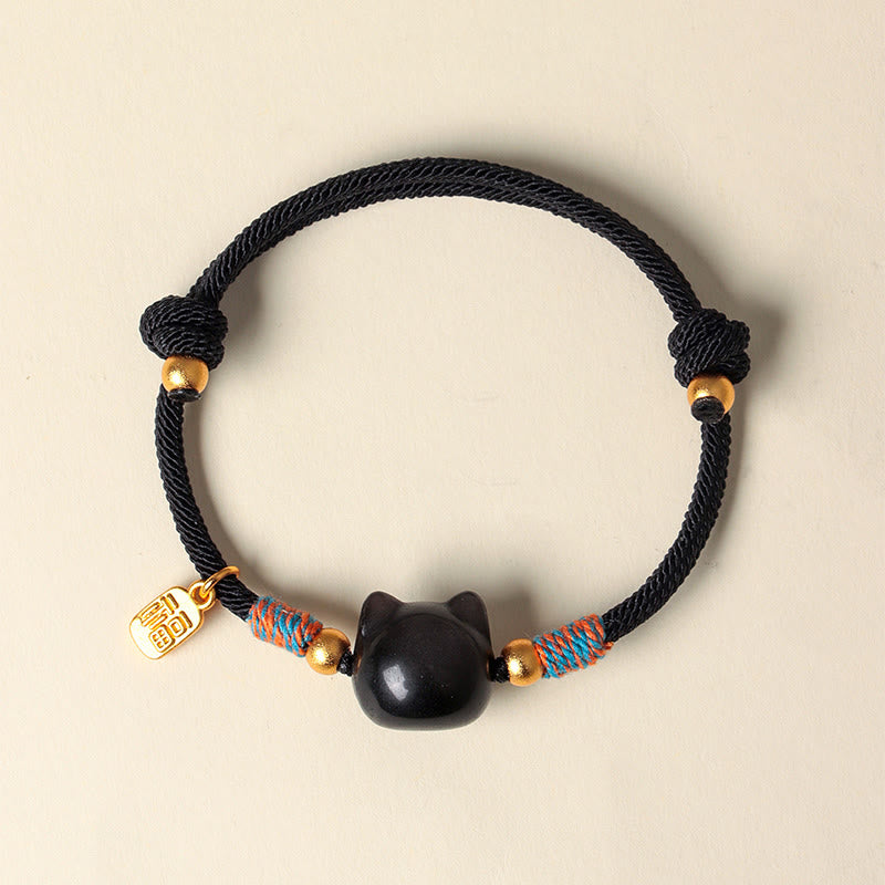 Buddha Stones Braccialetto di protezione con cordino di cristallo rosa ossidiana e carattere Cat Fu - image 3