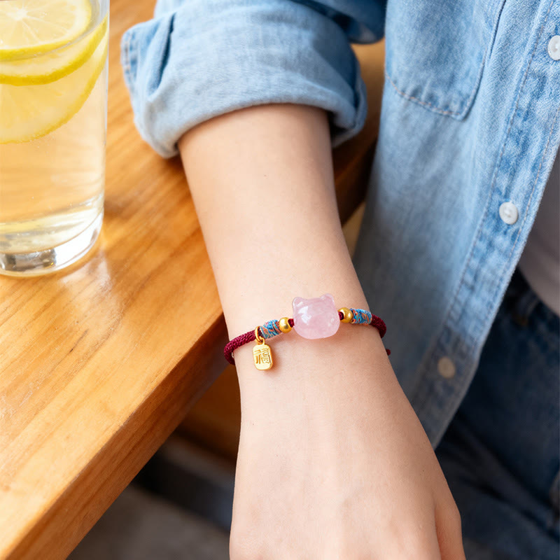 Buddha Stones Braccialetto di protezione con cordino di cristallo rosa ossidiana e carattere Cat Fu - image 15