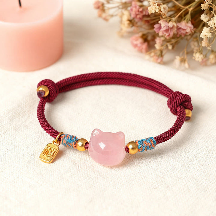 Buddha Stones Braccialetto di protezione con cordino di cristallo rosa ossidiana e carattere Cat Fu - image 14