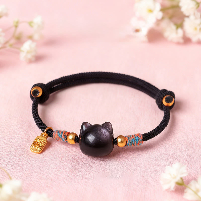 Buddha Stones Braccialetto di protezione con cordino di cristallo rosa ossidiana e carattere Cat Fu - image 1