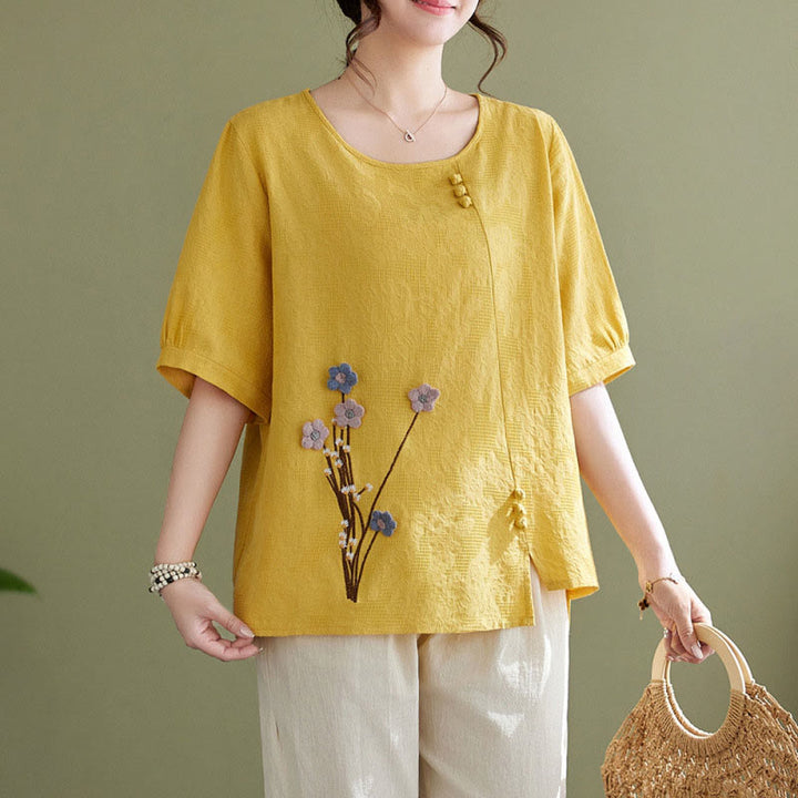 Buddha Stones Camicia da donna in cotone a maniche corte con scollo rotondo e motivo floreale tridimensionale - Giallo - US12, UK/AU16, EU44 (3XL) - image 9