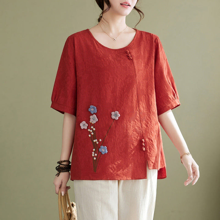 Buddha Stones Camicia da donna in cotone a maniche corte con scollo rotondo e motivo floreale tridimensionale - Pomodoro - US12, UK/AU16, EU44 (3XL) - image 6