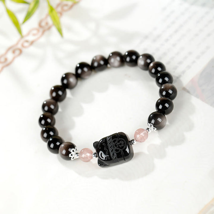 Buddha Stones Bracciale di protezione in quarzo fragola e ossidiana lucida color argento per gatti - image 1