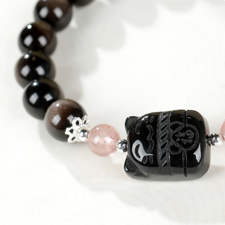 Buddha Stones Bracciale di protezione in quarzo fragola e ossidiana lucida color argento per gatti - image 10