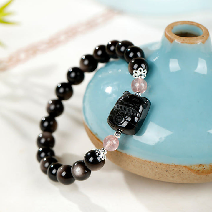 Buddha Stones Bracciale di protezione in quarzo fragola e ossidiana lucida color argento per gatti - image 7