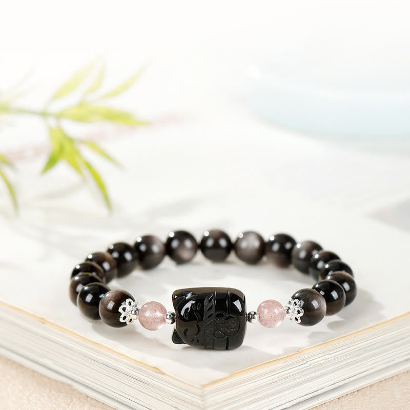 Buddha Stones Bracciale di protezione in quarzo fragola e ossidiana lucida color argento per gatti - image 2