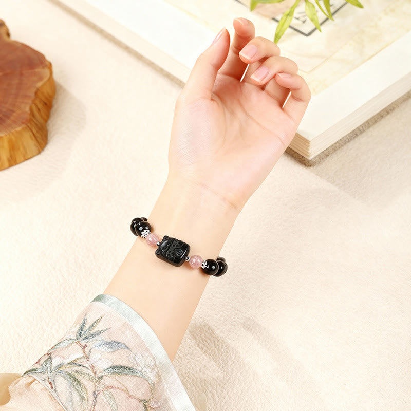 Buddha Stones Bracciale di protezione in quarzo fragola e ossidiana lucida color argento per gatti - image 8