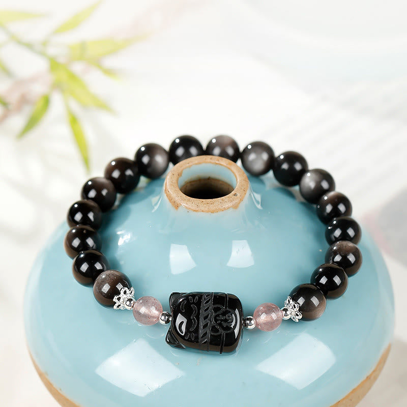 Buddha Stones Bracciale di protezione in quarzo fragola e ossidiana lucida color argento per gatti - image 3