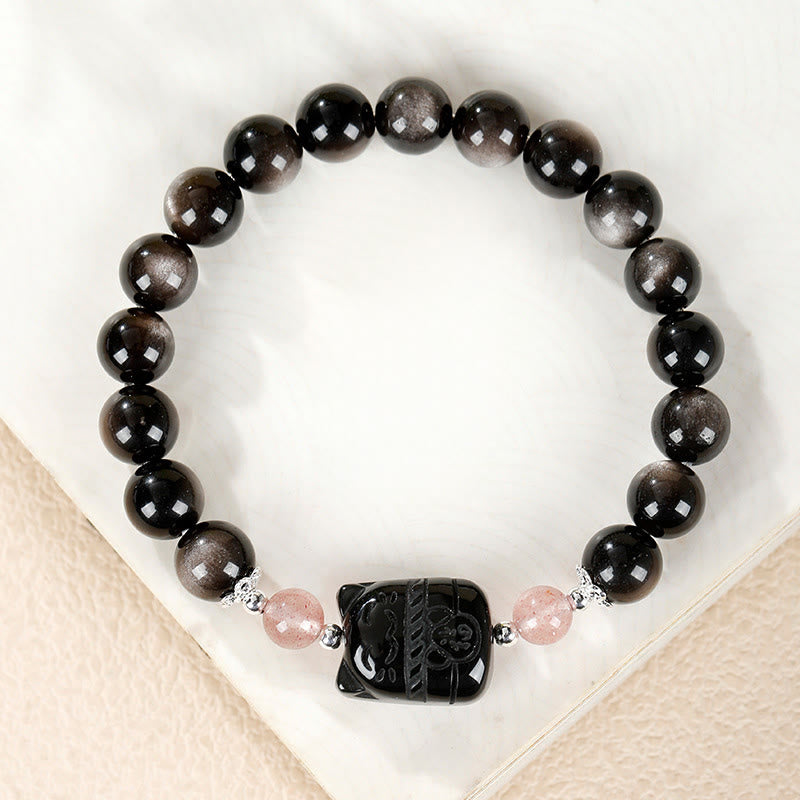 Buddha Stones Bracciale di protezione in quarzo fragola e ossidiana lucida color argento per gatti - Quarzo fragola in ossidiana argentata (circonferenza polso: 14-15 cm) - 8 millimetri - image 0