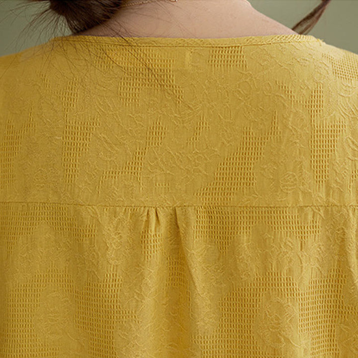 Buddha Stones Camicia da donna in cotone a maniche corte con scollo rotondo e motivo floreale tridimensionale - image 12