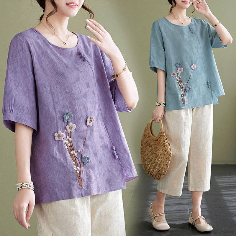 Buddha Stones Camicia da donna in cotone a maniche corte con scollo rotondo e motivo floreale tridimensionale - image 17