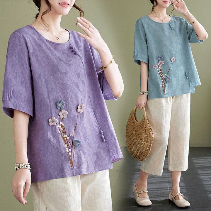 Buddha Stones Camicia da donna in cotone a maniche corte con scollo rotondo e motivo floreale tridimensionale - image 17