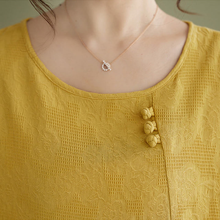 Buddha Stones Camicia da donna in cotone a maniche corte con scollo rotondo e motivo floreale tridimensionale - image 11