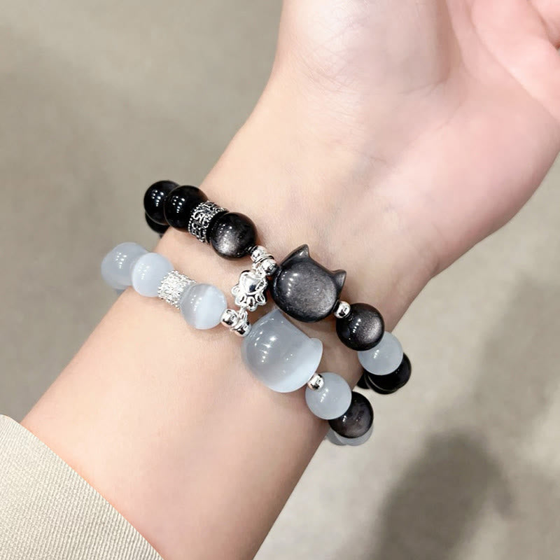 Buddha Stones Braccialetto positivo con testa di gatto e occhio di gatto bianco in ossidiana argentata lucida - image 17