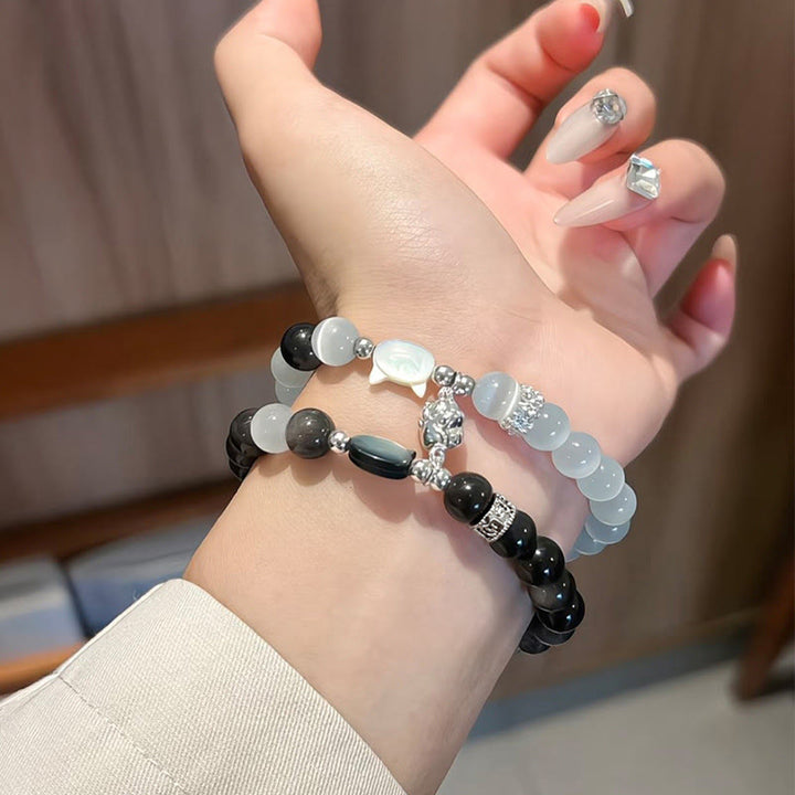 Buddha Stones Braccialetto positivo con testa di gatto e occhio di gatto bianco in ossidiana argentata lucida - image 15