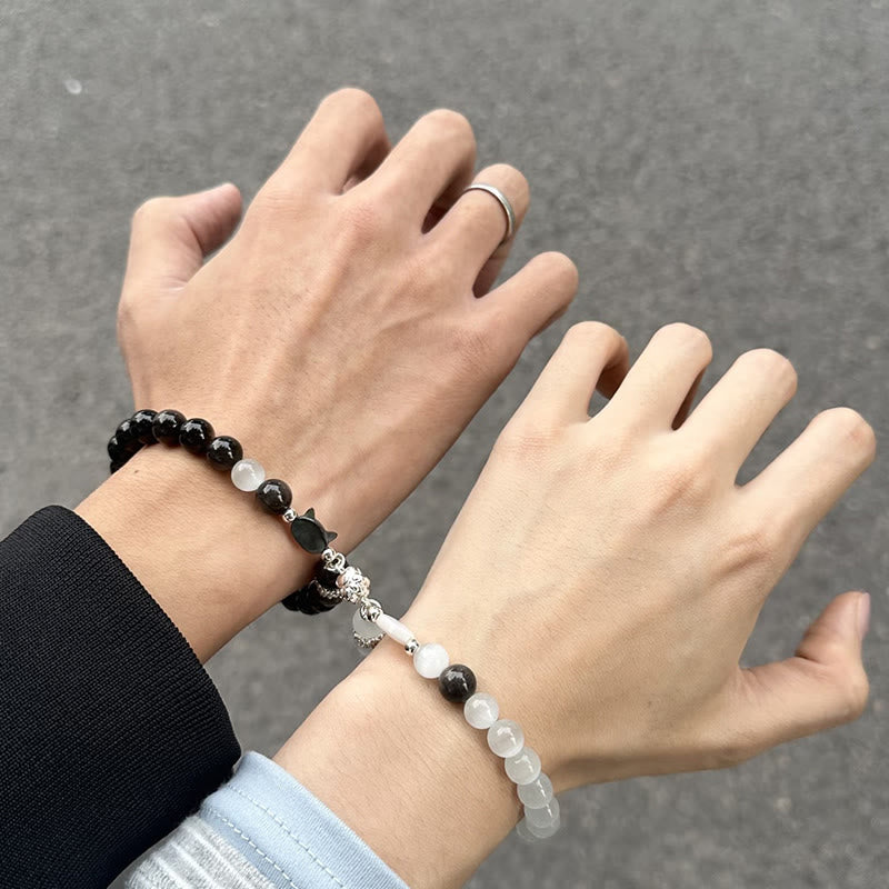 Buddha Stones Braccialetto positivo con testa di gatto e occhio di gatto bianco in ossidiana argentata lucida - image 8