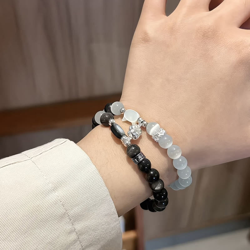 Buddha Stones Braccialetto positivo con testa di gatto e occhio di gatto bianco in ossidiana argentata lucida - image 7