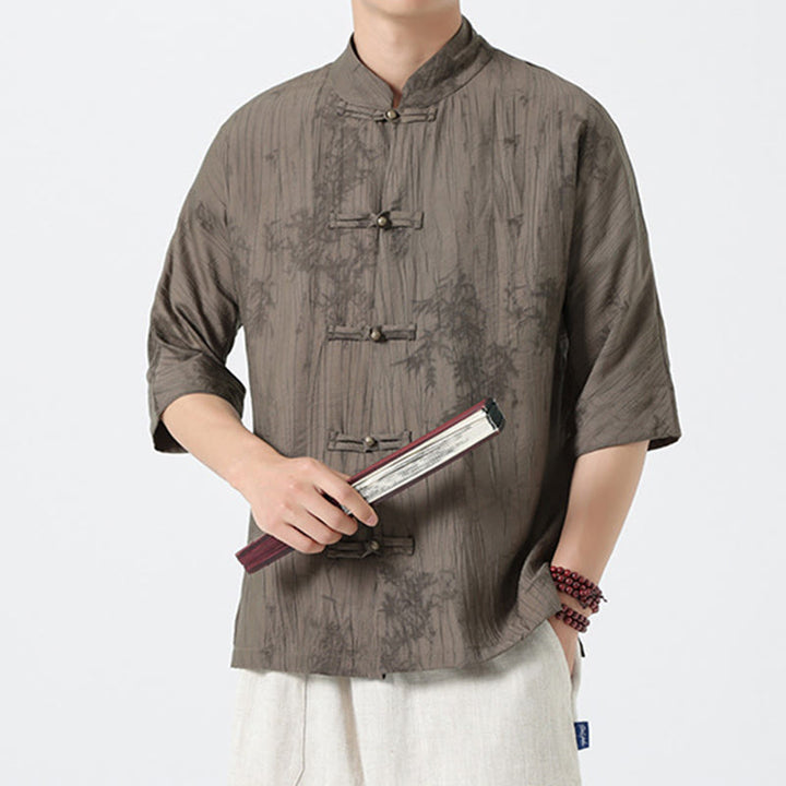 Buddha Stones Camicia da uomo a maniche corte con motivo aghi di pino estivo e bottoni a rana - Abbronzatura - US/UK/AU46, EU56 (5XL) - image 0