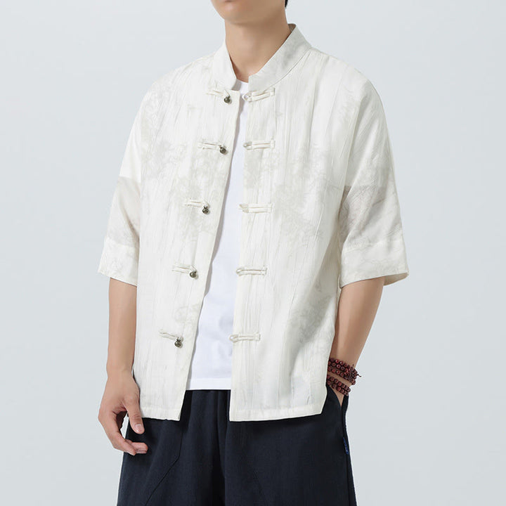 Buddha Stones Camicia da uomo a maniche corte con motivo aghi di pino estivo e bottoni a rana - Bianco - US/UK/AU46, EU56 (5XL) - image 9