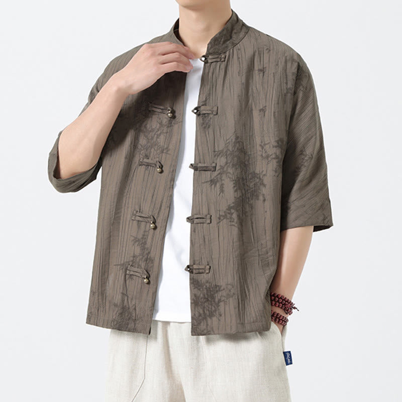 Buddha Stones Camicia da uomo a maniche corte con motivo aghi di pino estivo e bottoni a rana - image 2
