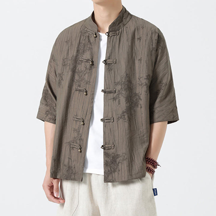 Buddha Stones Camicia da uomo a maniche corte con motivo aghi di pino estivo e bottoni a rana - image 3