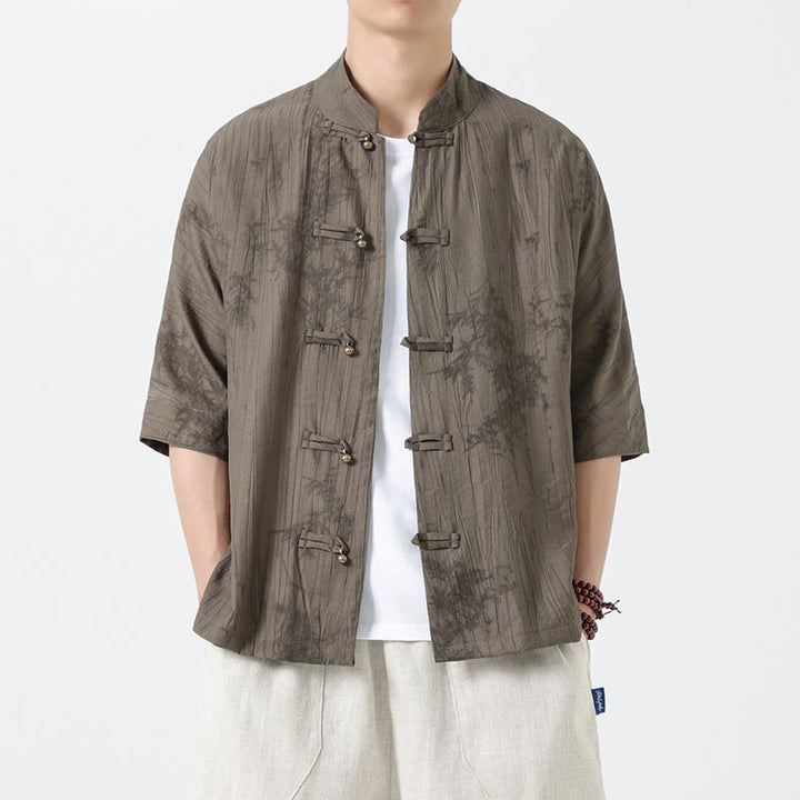 Buddha Stones Camicia da uomo a maniche corte con motivo aghi di pino estivo e bottoni a rana - image 5