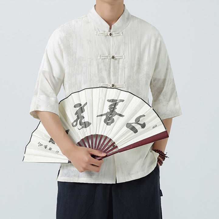 Buddha Stones Camicia da uomo a maniche corte con motivo aghi di pino estivo e bottoni a rana - image 17