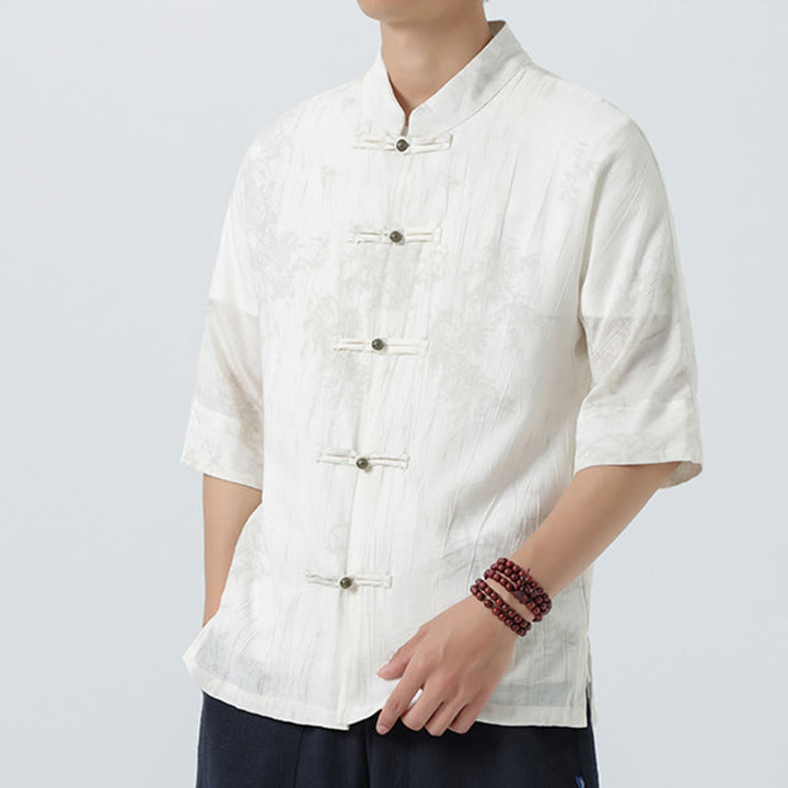 Buddha Stones Camicia da uomo a maniche corte con motivo aghi di pino estivo e bottoni a rana - image 14